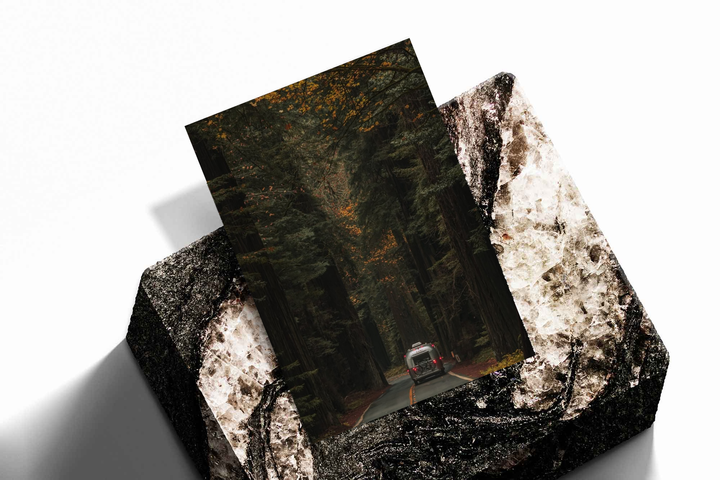 Unframed artwork depicting rear view of a car on a road beneath tall autumn trees, presented diagonally on rough stone.