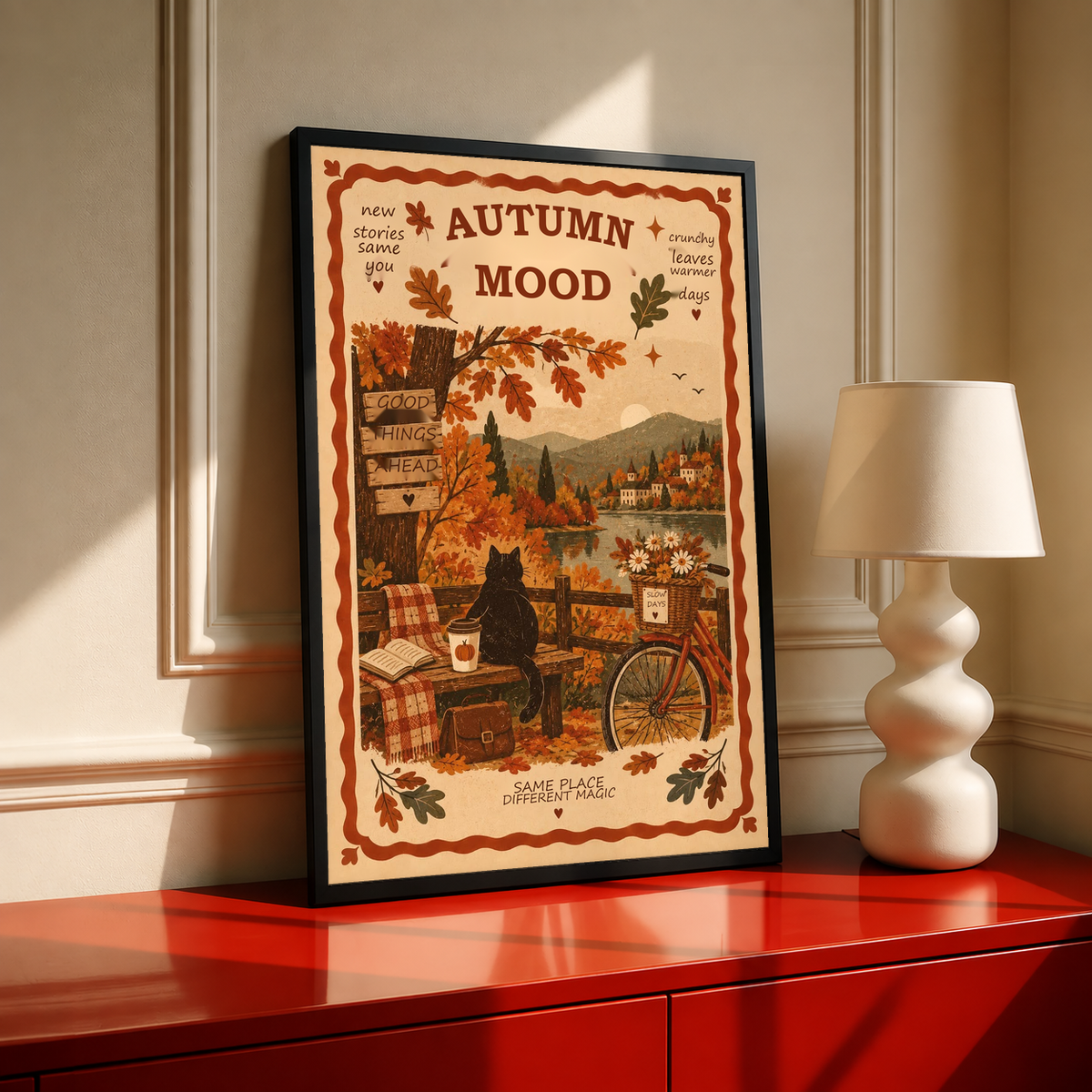 Framed autumn mood poster with black cat, bicycle, autumn leaves, and countryside scene