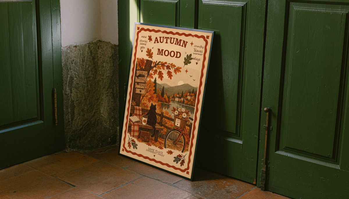Framed autumn mood poster leaning against green doors, black cat and bicycle