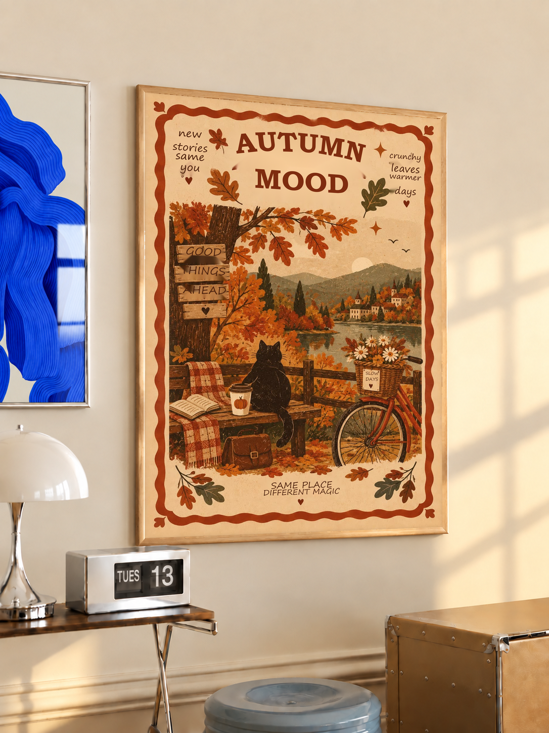 Framed autumn mood poster with black cat, bicycle, and fall countryside collage