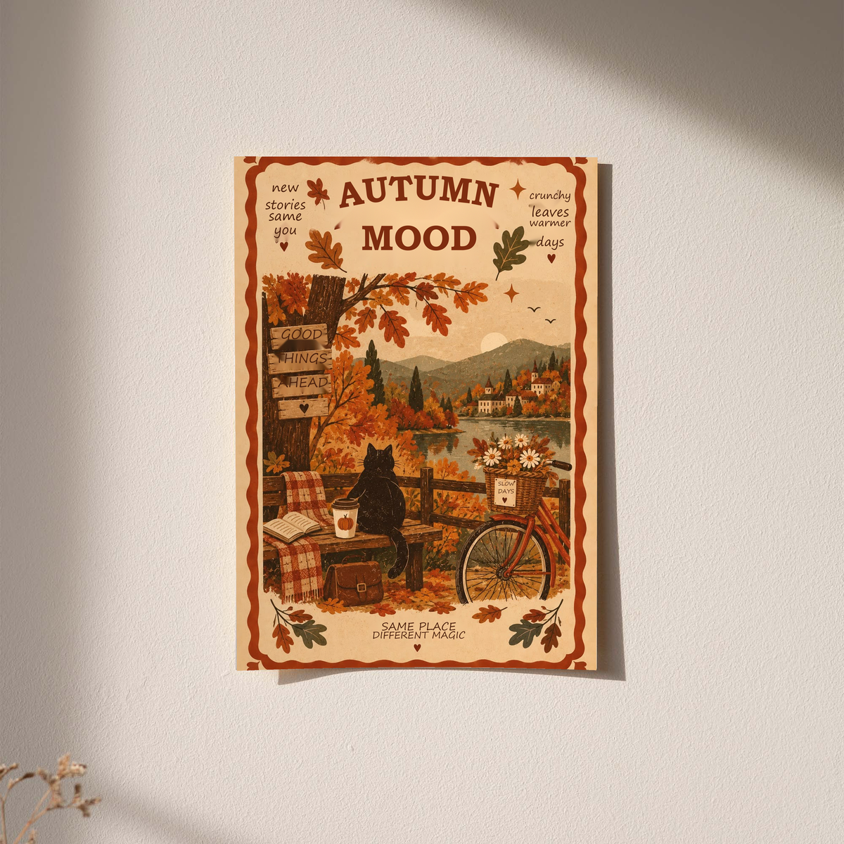 Autumn mood poster with black cat and bicycle, surrounded by autumn leaves, on wall