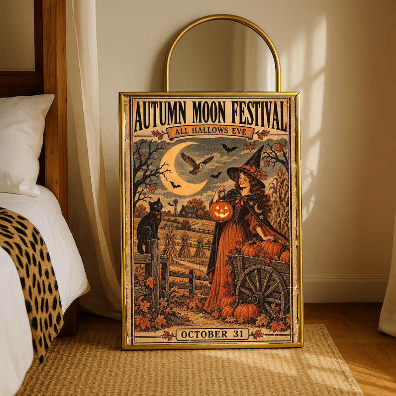 Large framed Halloween poster on the floor with witch, jack-o’-lantern, and “October 31”