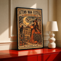 Framed Halloween poster with witch, pumpkin, moon and bats; reads “October 31”