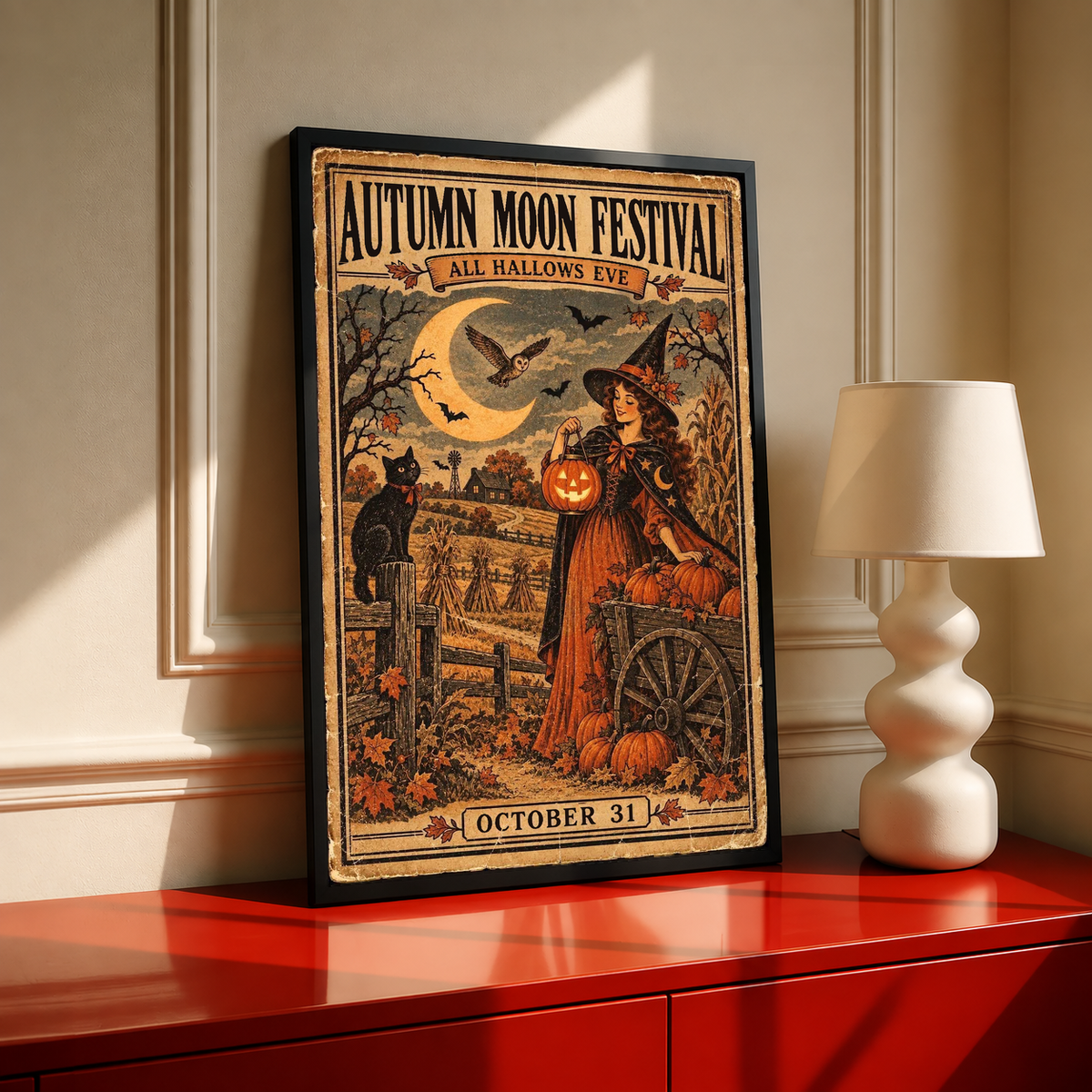 Framed Halloween poster with witch, pumpkin, moon and bats; reads “October 31”