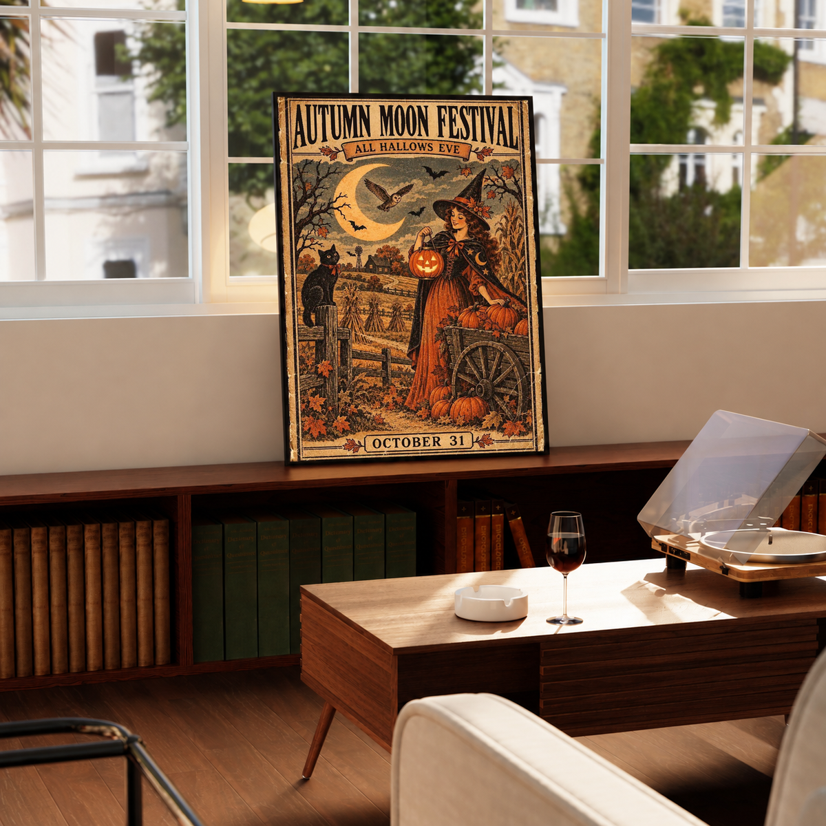 Framed Halloween poster leaning on a surface, showing witch, lantern, bats, and moon