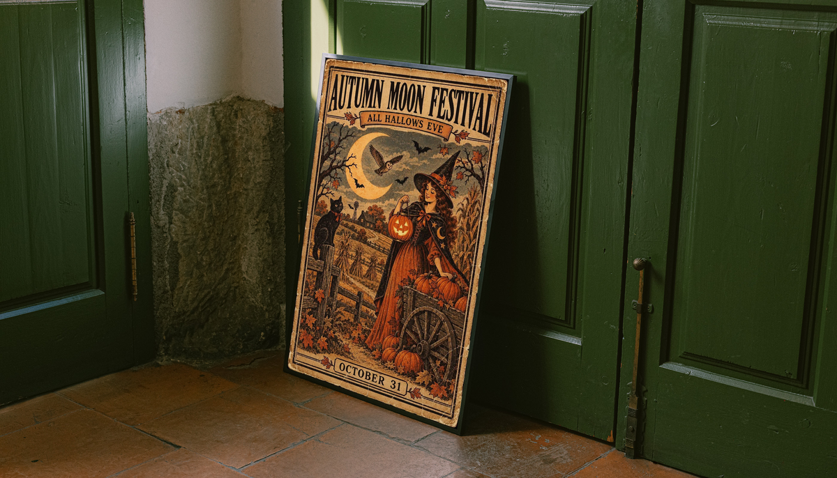 Halloween poster in black frame leaning near green doors, with witch and glowing pumpkin