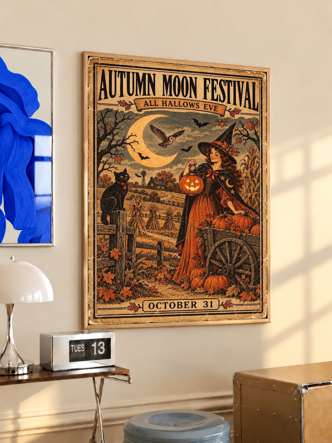 Framed Halloween poster reading “Autumn Moon Festival”, with witch and jack-o’-lantern