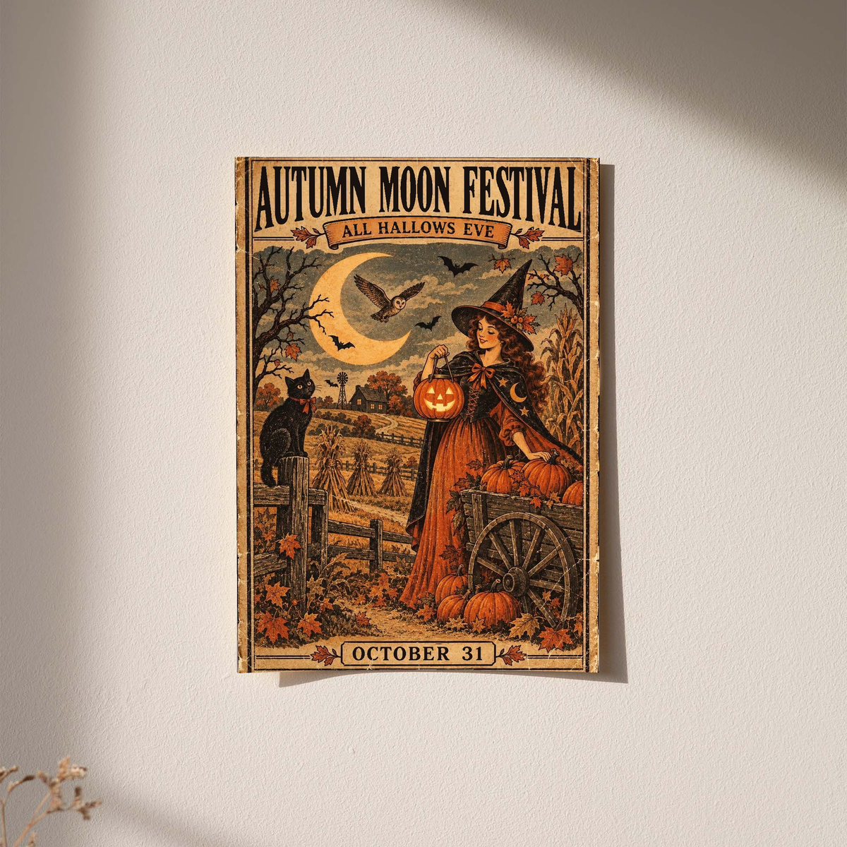 Wall-hung Halloween poster with witch and pumpkin under a crescent moon; “October 31”