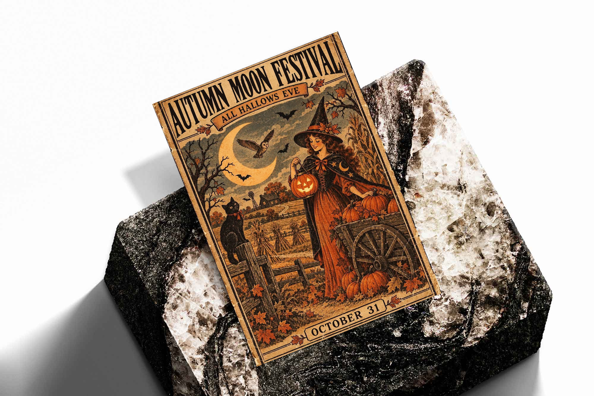 Halloween poster with witch and jack-o’-lantern, shown diagonally on a textured stone