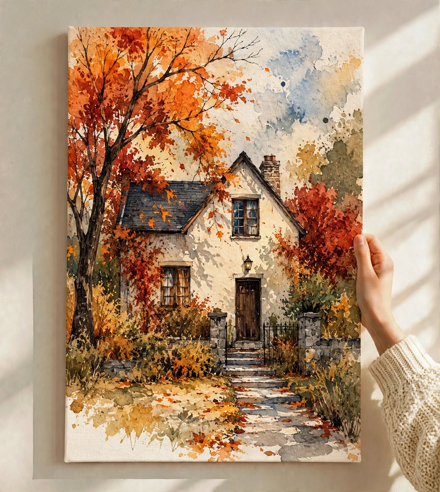 Autumn Cottage Watercolor Art Print held against a softly lit wall, highlighting the rustic house and luminous seasonal foliage