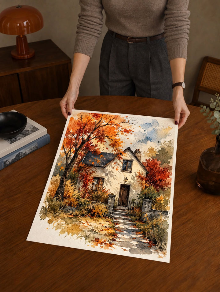 Autumn Cottage Watercolor Art Print laid across a dark wooden table with layered autumn pigments and a winding cottage path