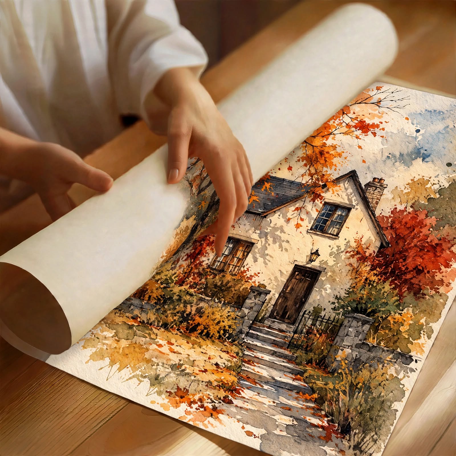 Autumn Cottage Watercolor Art Print partially rolled to reveal expressive brushwork, fallen leaves and rich amber tones