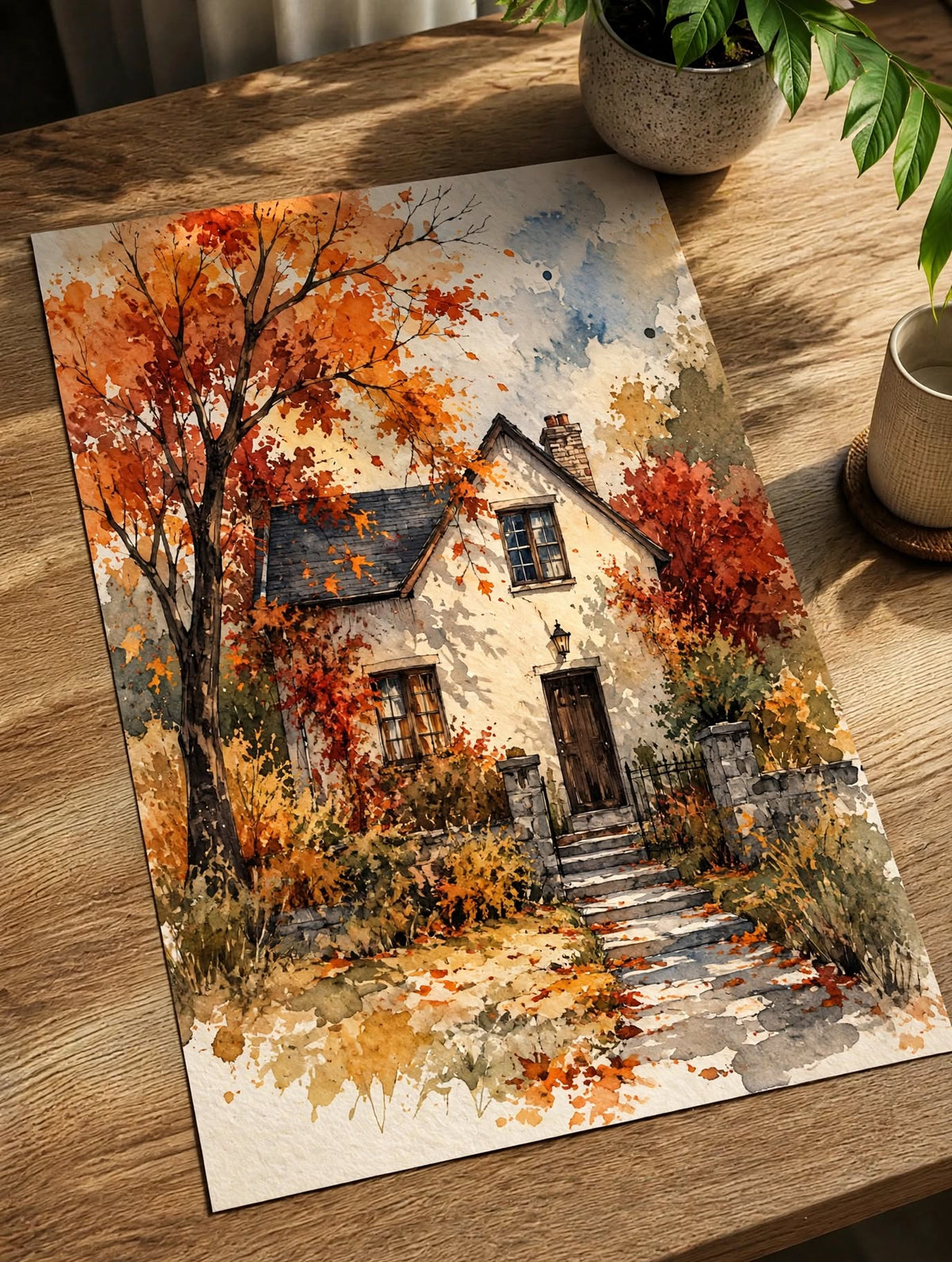 Autumn Cottage Watercolor Art Print photographed at an angle on wood, emphasizing textured trees and the peaceful countryside setting