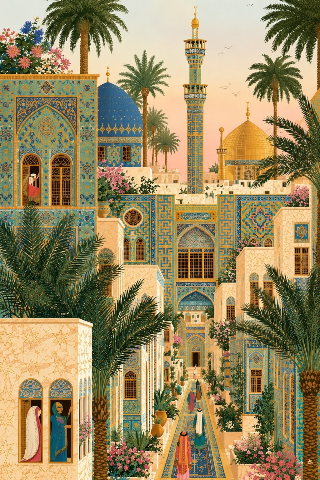 Colorful Islamic architecture poster with mosque arches, minarets, domes and palm trees