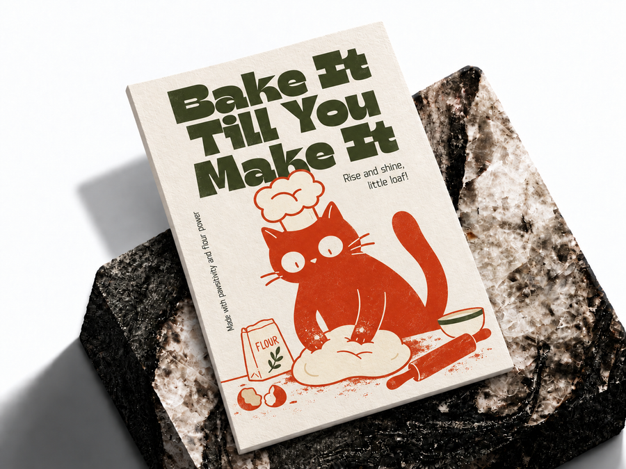 Bake It Till You Make It cat kitchen poster shown as a premium art print mockup