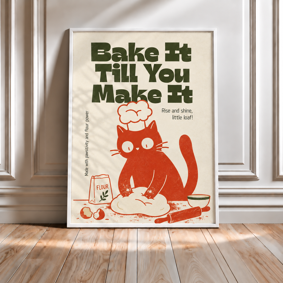 Bake It Till You Make It cat wall art displayed in a warm modern kitchen