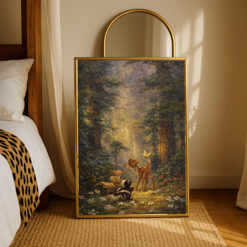Woodland art print with gold frame, deer and rabbit in bright forest clearing