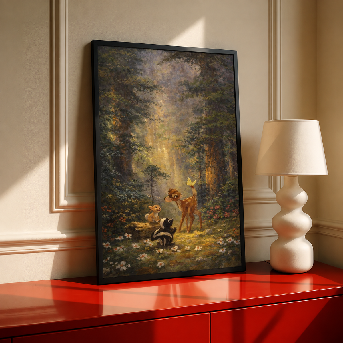 Woodland art print with black frame, glowing forest clearing and animals