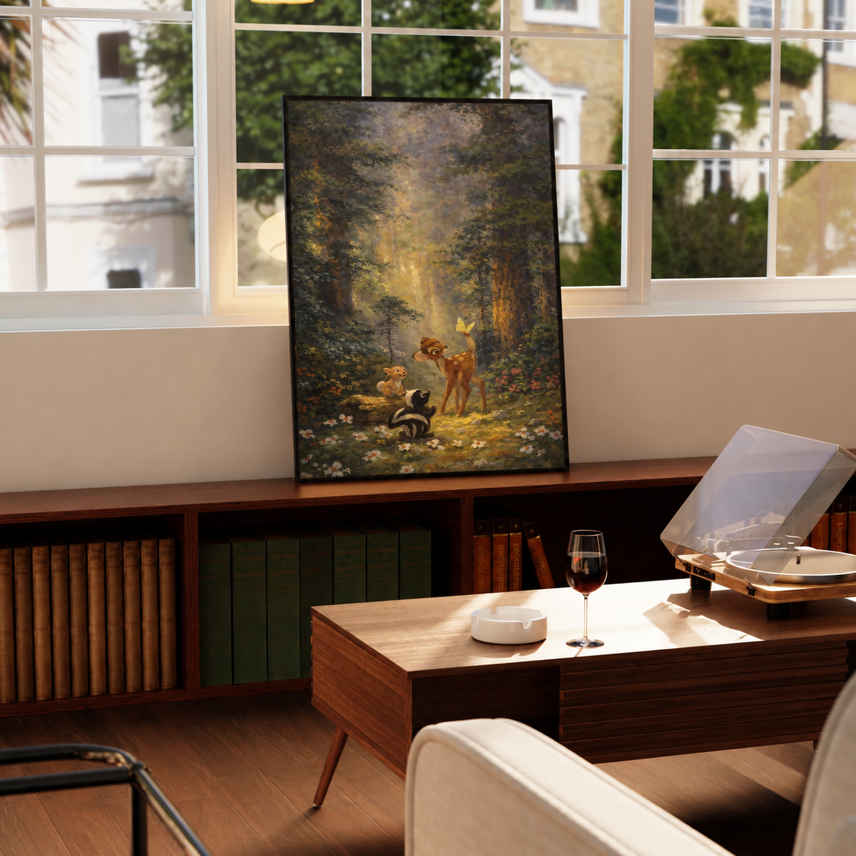 Woodland art print with black frame, deer and rabbits in sunlit clearing