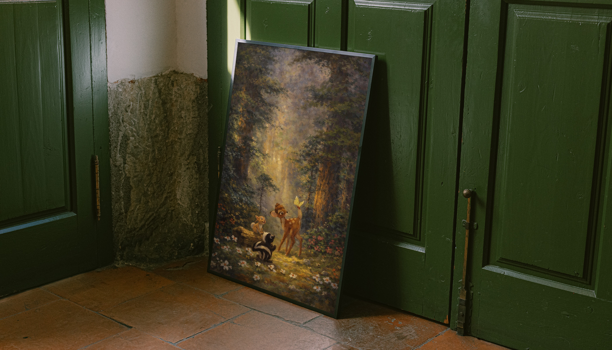Framed woodland art print, glowing forest clearing with deer and rabbits