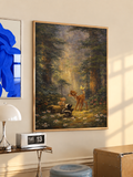 Woodland art print in dark frame, glowing clearing with deer and rabbits
