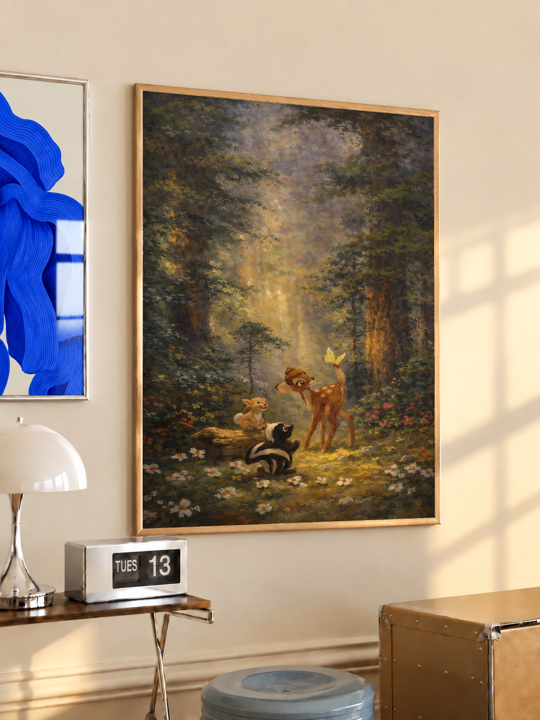 Woodland art print in dark frame, glowing clearing with deer and rabbits