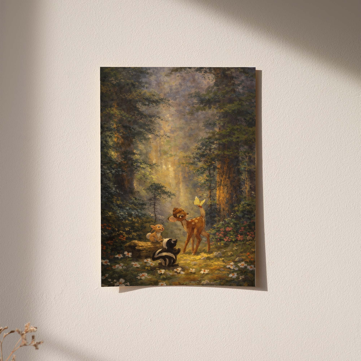 Woodland art print in white frame, deer and rabbit in glowing clearing