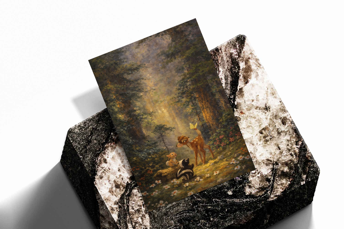 Woodland art print set, textured backing with deer and rabbits in glowing clearing