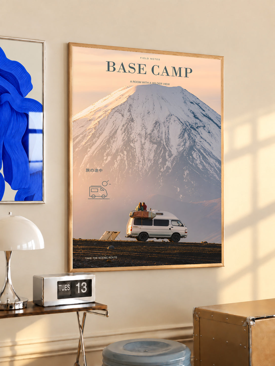 Base Camp camper van poster in an oak frame, depicting a snowy mountain