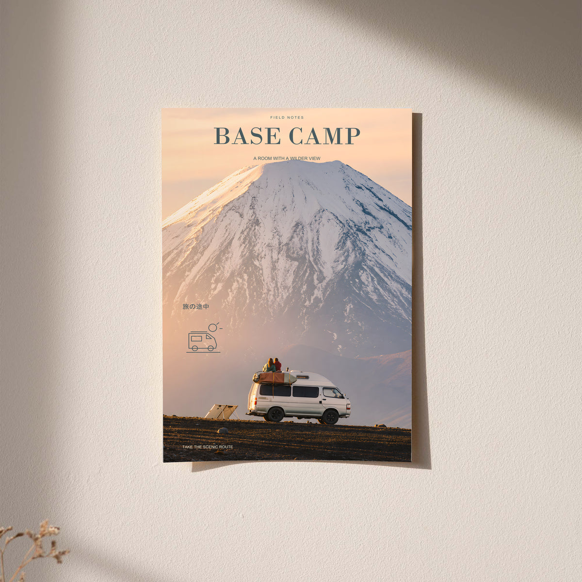 Base Camp camper van poster featuring a snowy mountain and van beneath a peach-colored sky