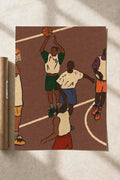 Basketball pickup game poster print with players in green and blue on a court