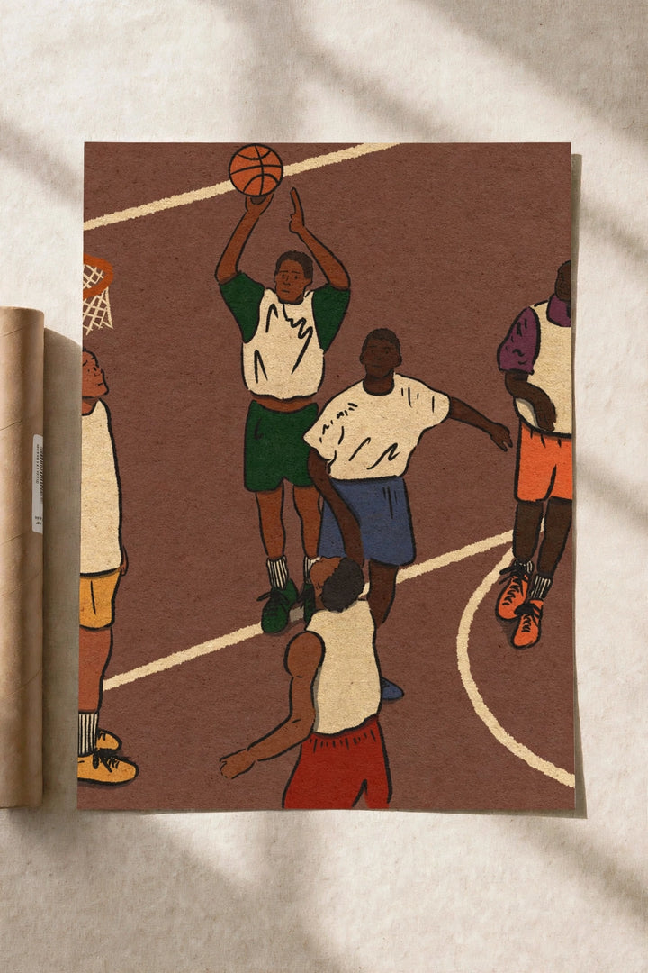 Basketball pickup game poster print with players in green and blue on a court