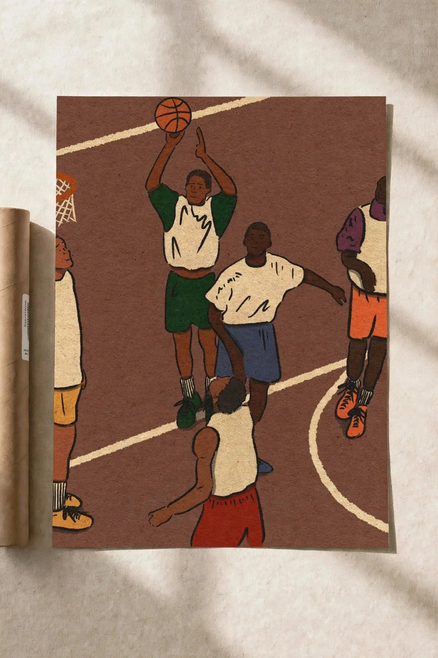 Basketball pickup game poster print with players in green and blue on a court