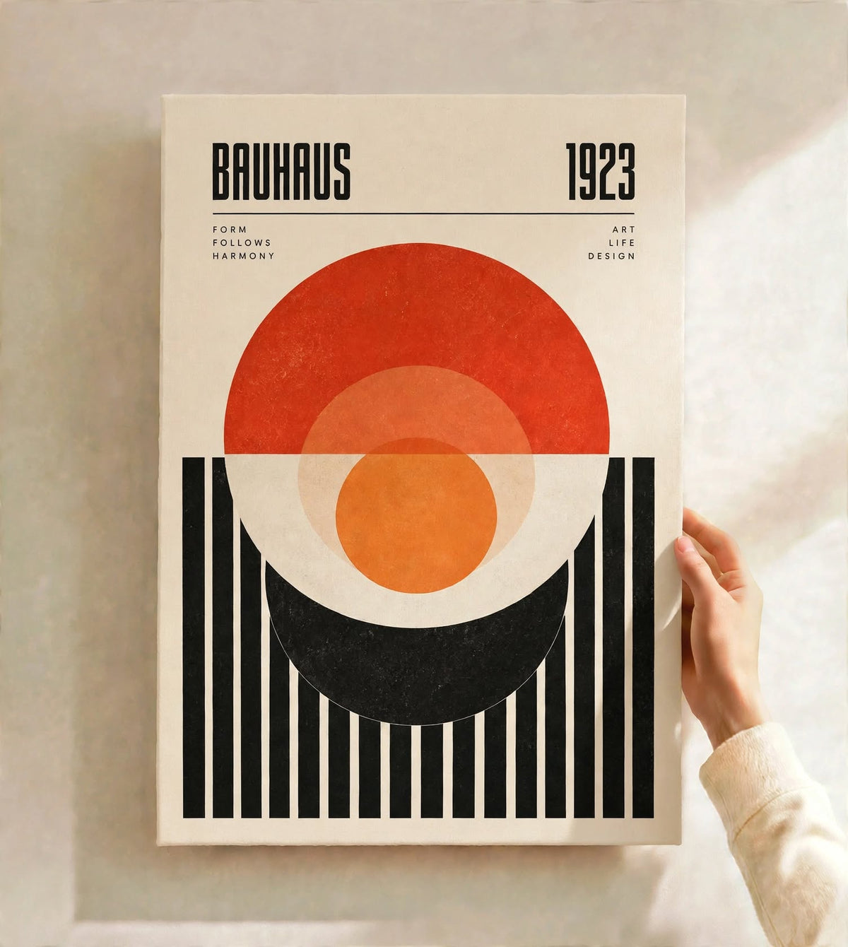 Bauhaus Geometric Art Print combining circular forms with repeated vertical lines and abstract geometry