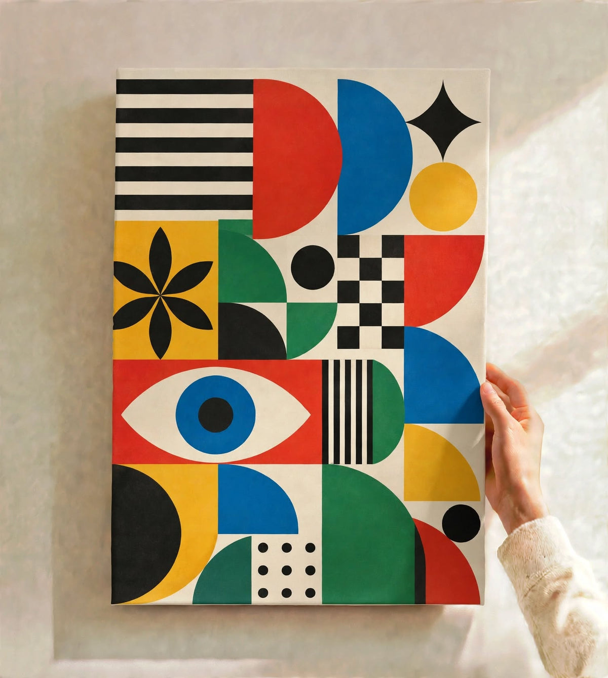 Bauhaus Graphic Art Print with an abstract eye surrounded by contrasting patterns and primary color blocks