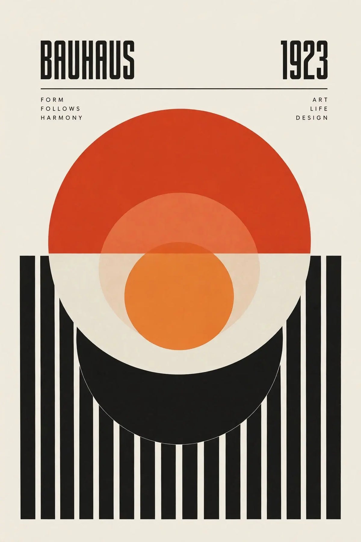 Close-up geometric art print with red/orange arch, orange circle, and black vertical stripes