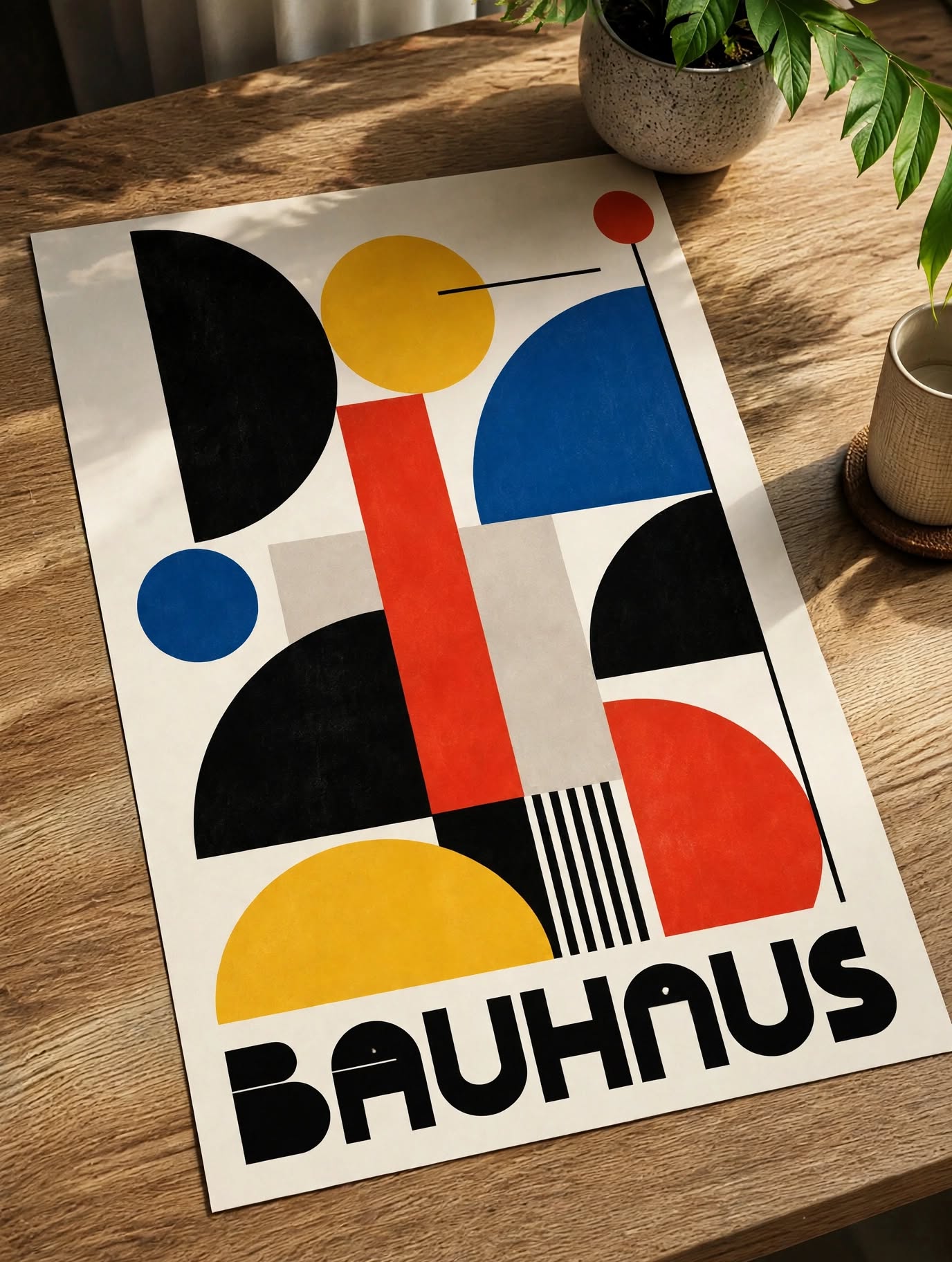 Bauhaus Abstract Art Print featuring Bauhaus typography beneath an arrangement of abstract graphic forms