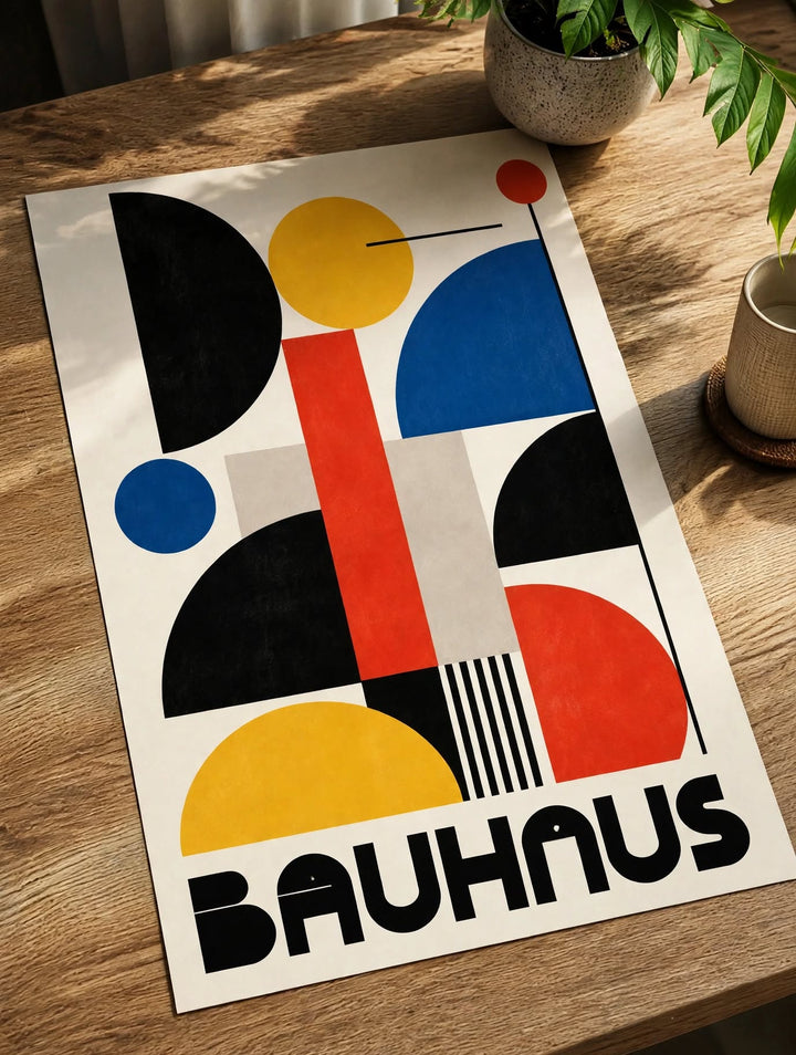 Bauhaus Abstract Art Print featuring Bauhaus typography beneath an arrangement of abstract graphic forms