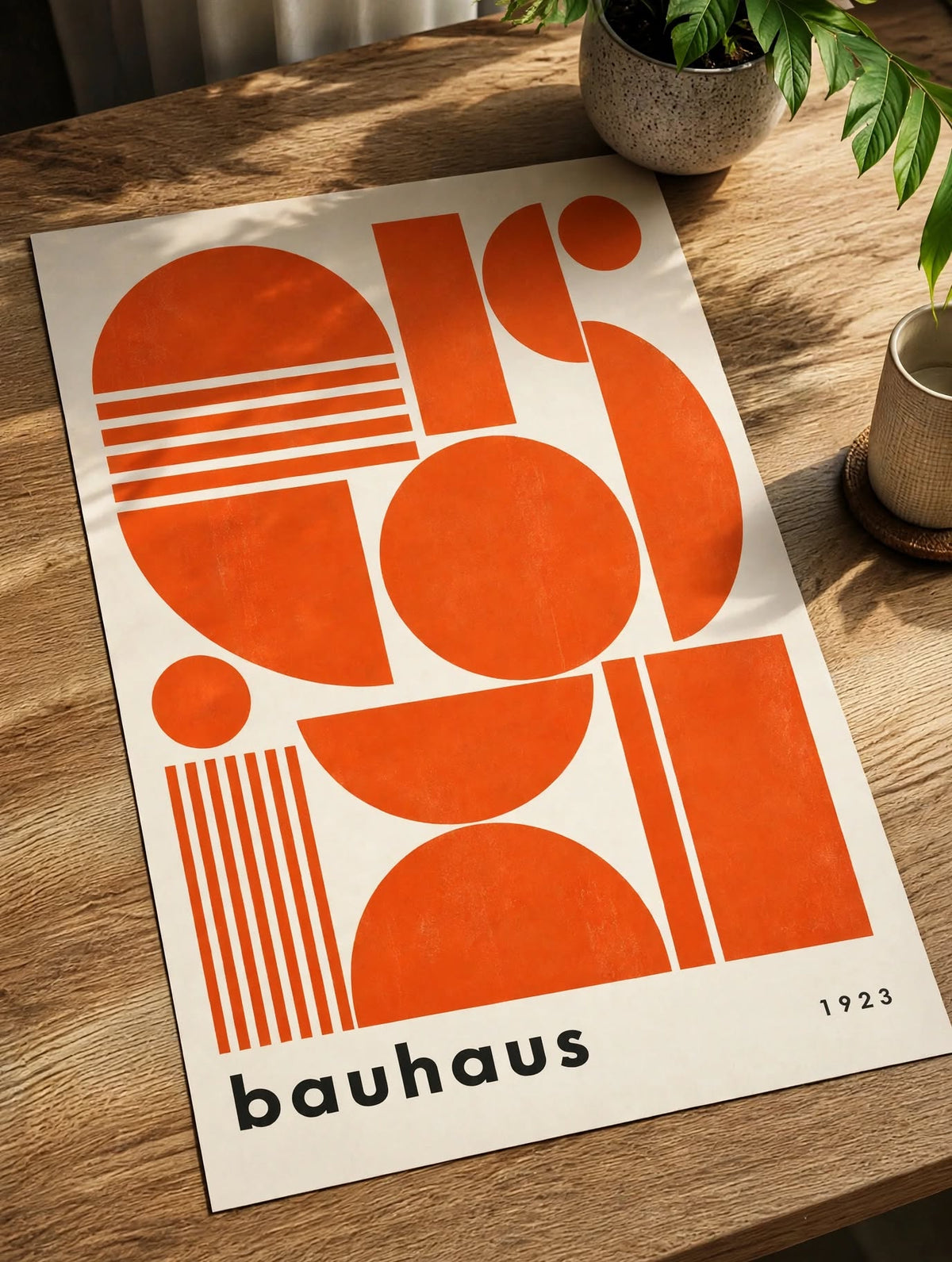 Orange Bauhaus Art Print styled as modern graphic wall art for a creative contemporary living space