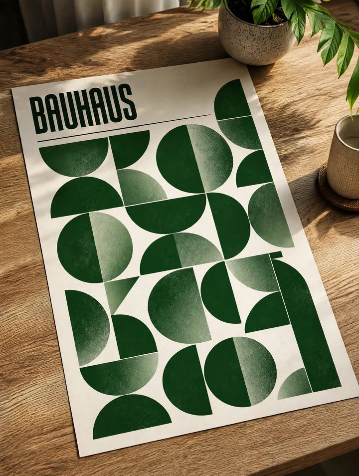 Green Bauhaus Art Print with Bauhaus lettering and structured abstract shapes in rich botanical green