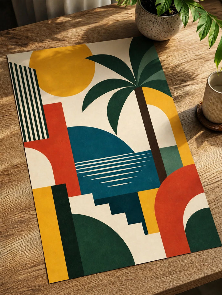 Bauhaus Palm Tree Art Print with deep green palm leaves rising between abstract modernist shapes