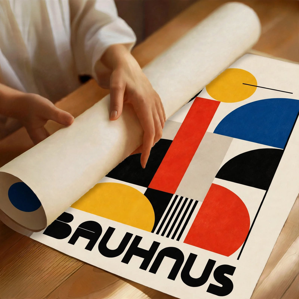 Bauhaus Abstract Art Print with striking black forms and vibrant primary color accents