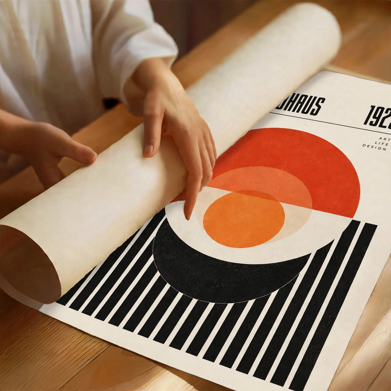 Bauhaus Geometric Art Print shown in a minimalist frame with retro inspired orange and black artwork