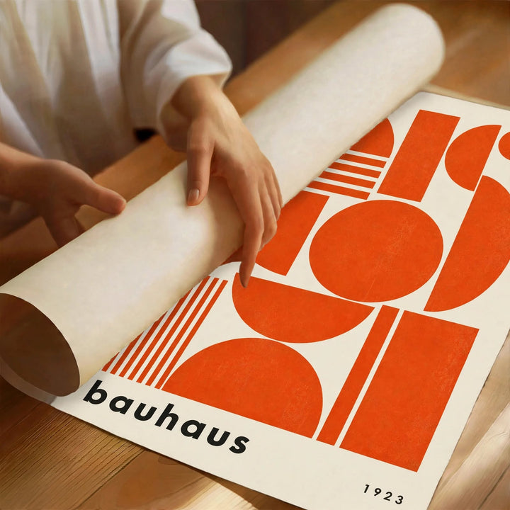 Orange Bauhaus Art Print with monochrome orange geometry and distinctive Bauhaus inspired lettering