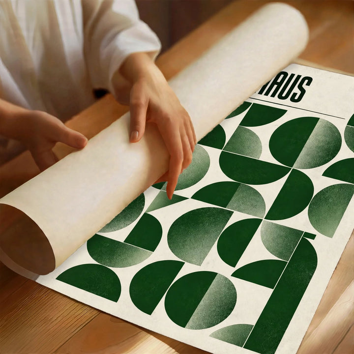 Green Bauhaus Art Print shown as geometric statement artwork for a modern living room or creative studio