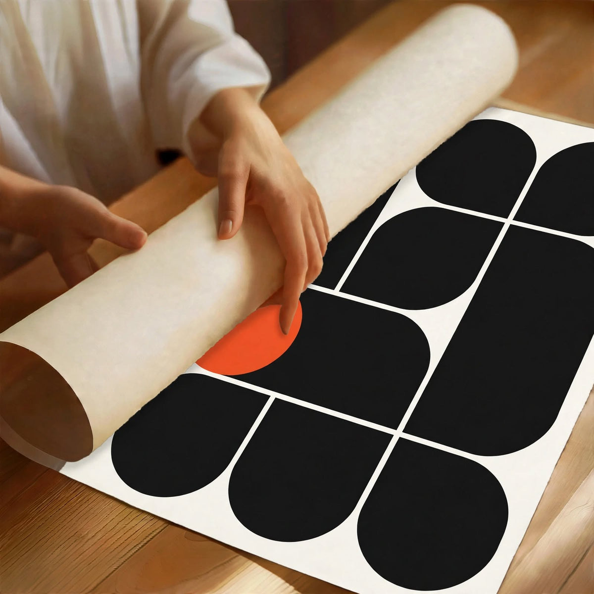 Bauhaus Modular Art Print with a single orange circle breaking through a structured monochrome pattern