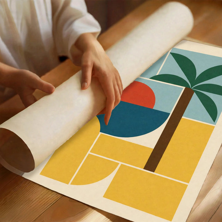 Bauhaus Tropical Art Print with a red sunset reflected across teal and golden geometric forms