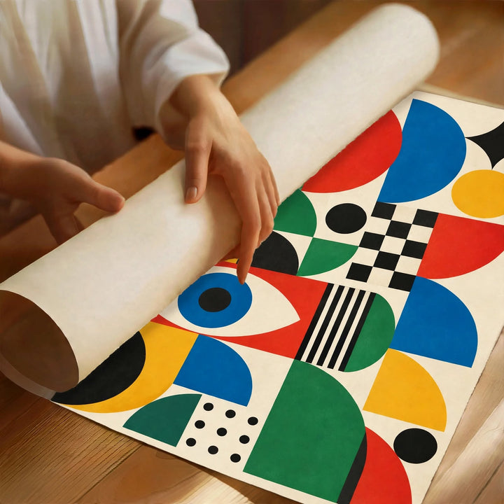Bauhaus Graphic Art Print combining circles, stripes, stars and curved shapes in an expressive composition