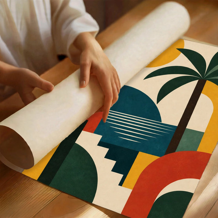 Bauhaus Palm Tree Art Print styled as geometric botanical wall art for a colorful contemporary space