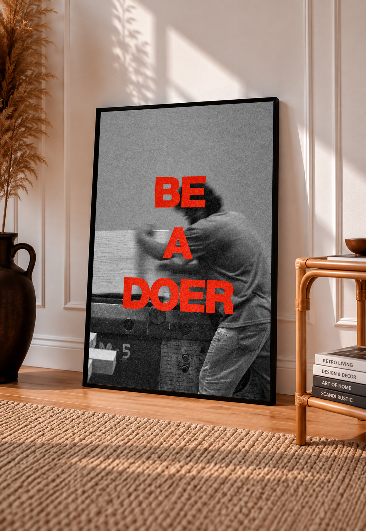 Black-framed motivational poster with red 'BE A DOER' text on black-and-white raised-arm photo